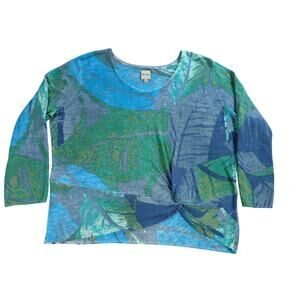 Nic Zoe XXL Linen Rayon Knit Top Blue Green Abstract Print 3/4 Sleeve Blouse